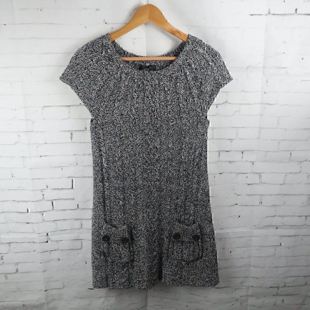 STYLE & CO BLACK WHITE CAP SLEEVE ROUND NECK CABLE KNIT SWEATER DRESS